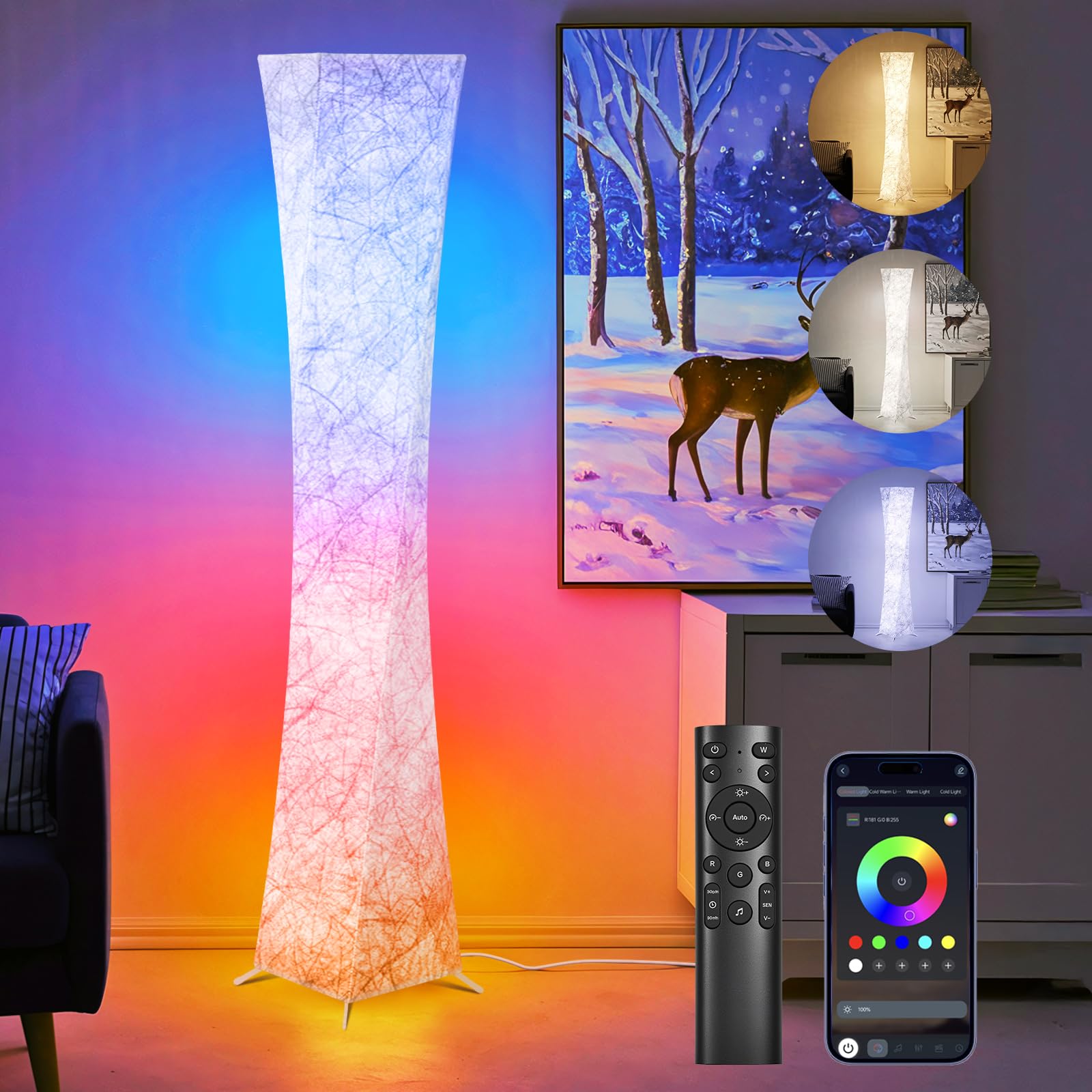 WORLD WIN Floor Lamp, 61'' Smart RGB LED Corner Lamp with Music
